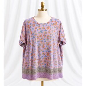 LOGO Lori Goldstein Cotton Modal Mixed Print Top Crochet Hem Purple Size 3X